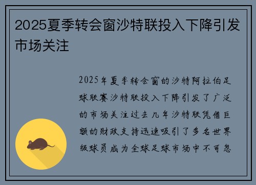2025夏季转会窗沙特联投入下降引发市场关注